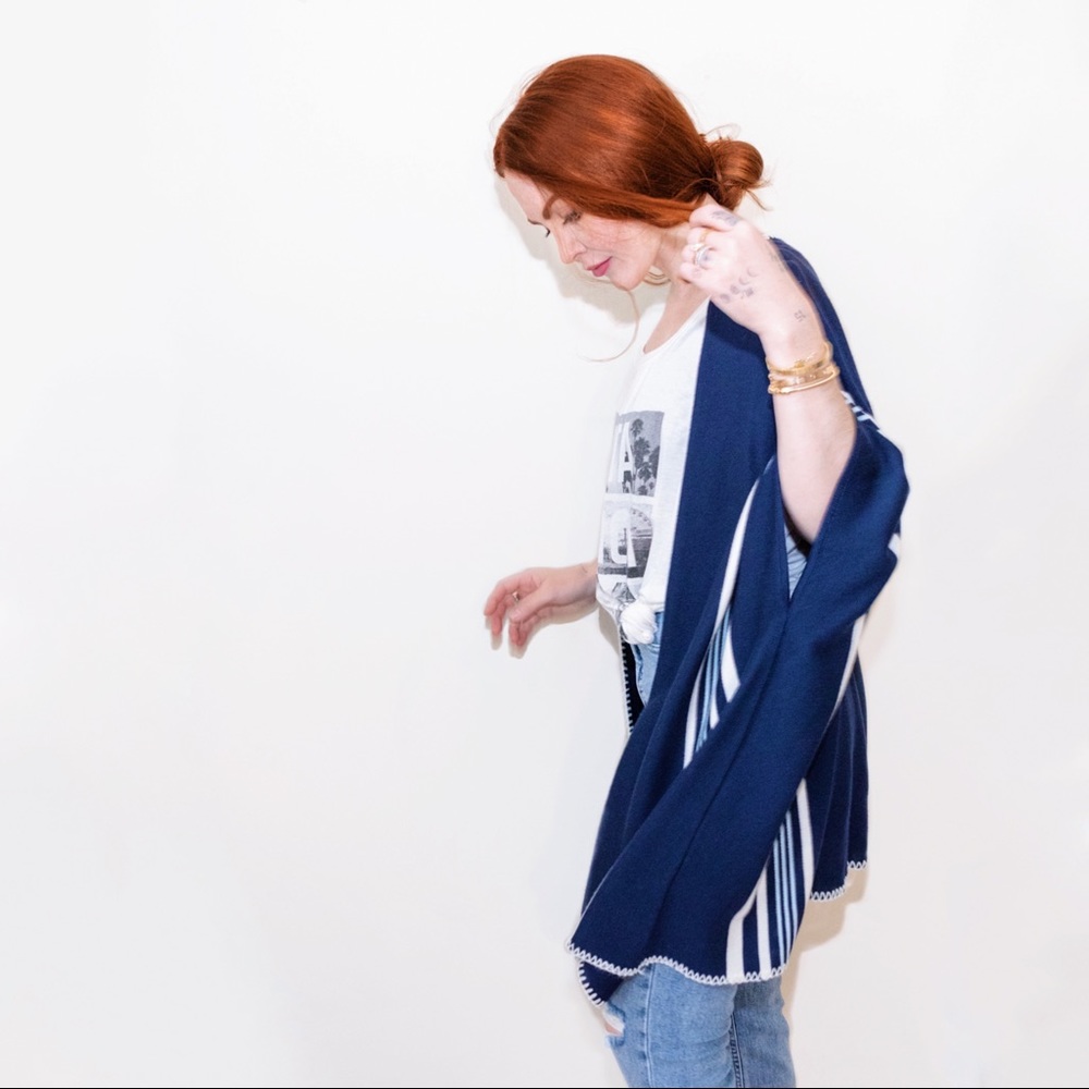 Marine Layer Cameron Poncho in Navy Striped Sweater Wrap O/S
